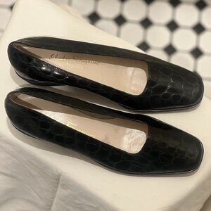 Salvatore Ferragamo Boutique Black Croc Embossed Loafers Wedge Shoes Size 9 B